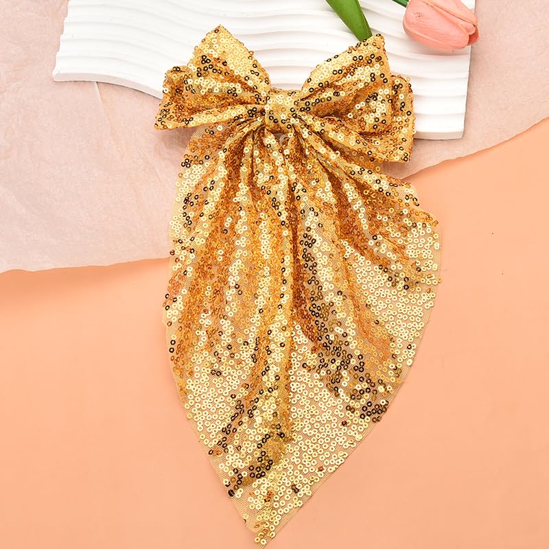 Kefley Gold Hair Bow Clips Barrettes Big Sequin Cheer Hair Bows with Long Tail Bowknot Hair Clips Ponytail Holders for Women Girls Ball Cheerleader Hair Accessories for Ball Party - Image 3